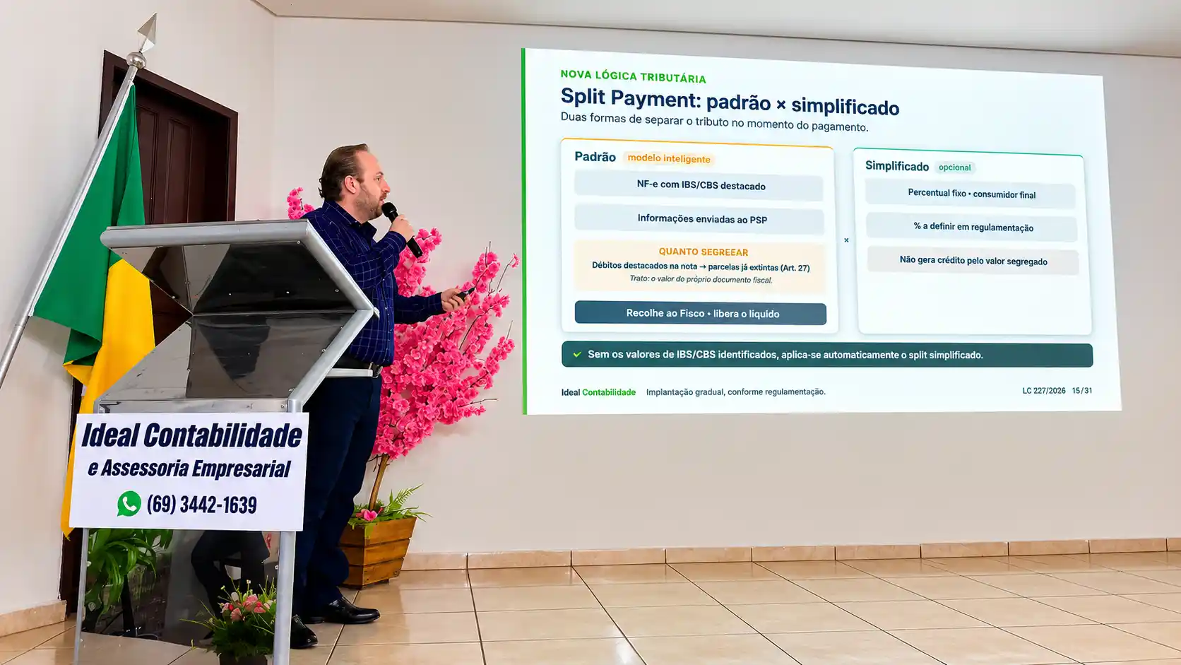 Apresentação sobre o funcionamento do Split Payment durante o evento Reforma Tributária 2026